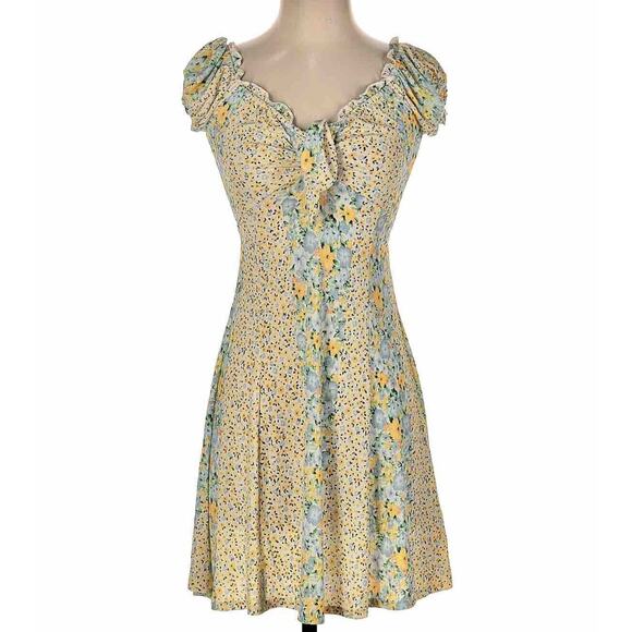 Topshop Cute Yellow Multi Color Ditsy Floral Off Shoulder Mini Puff Sleeve 4 - Picture 1 of 15